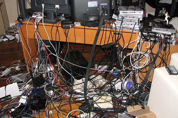 Messy cables on desk